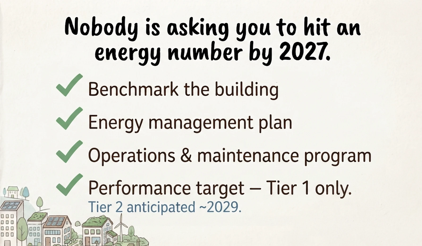 Checklist: Nobody is asking you to hit an energy number by 2027. Benchmark the building, energy management plan, operations and maintenance program. Performance target applies to Tier 1 only, with Tier 2 anticipated around 2029.