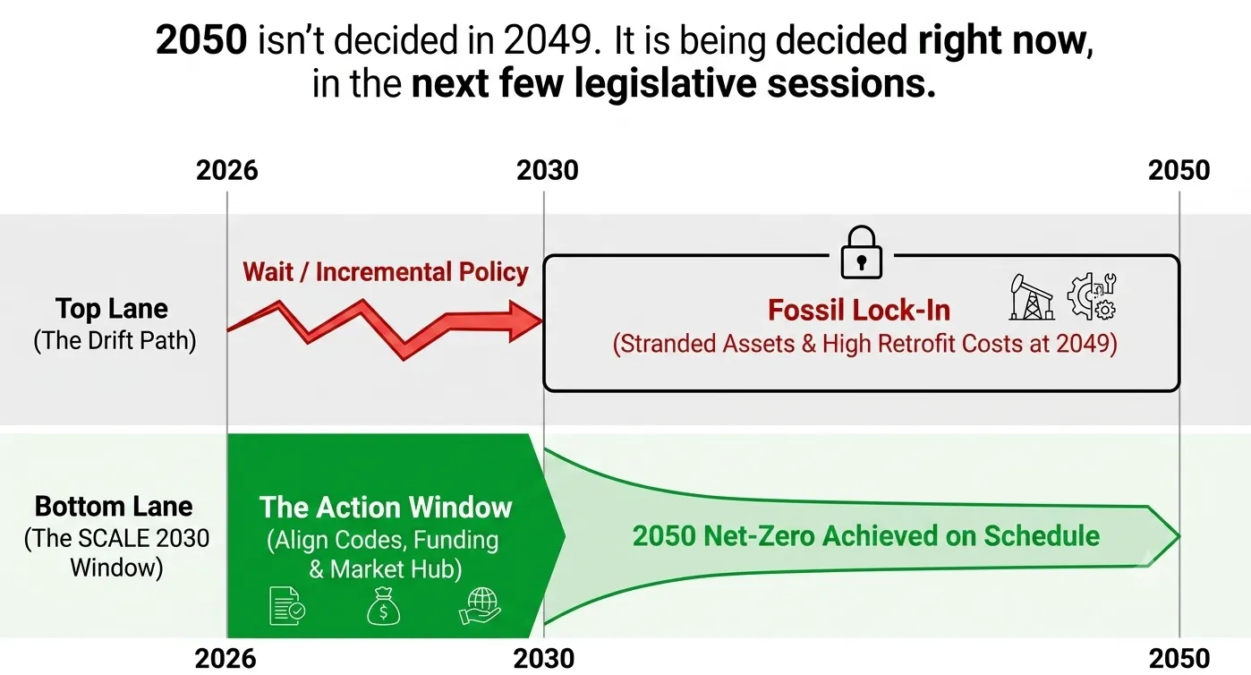 Timeline contrasting a drift path leading to fossil lock-in with a 2026-2030 action window reaching net zero on schedule