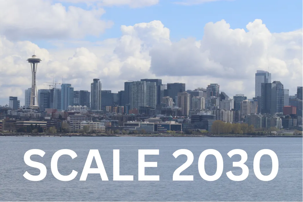 The Seattle skyline seen across Elliott Bay, captioned "SCALE 2030"