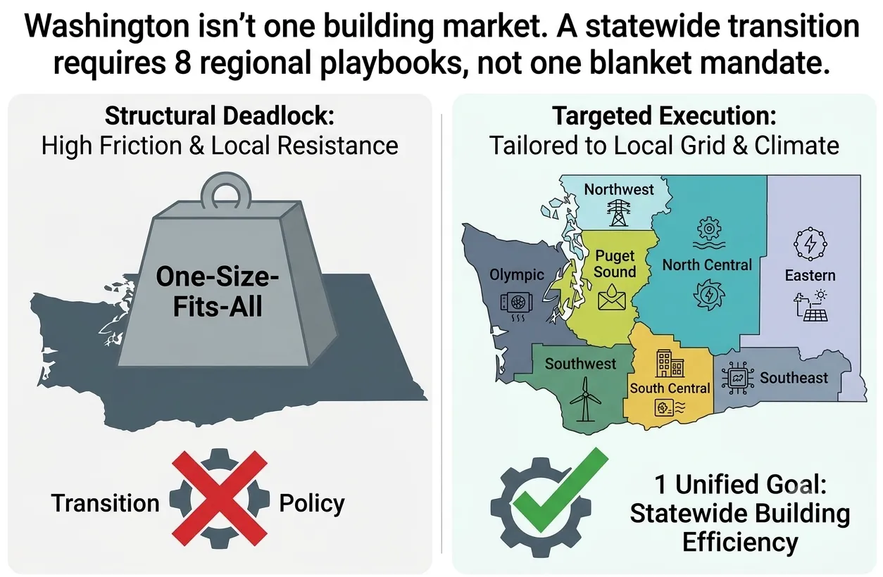 Washington split into eight Clean Energy Regions, contrasted with a one-size-fits-all approach