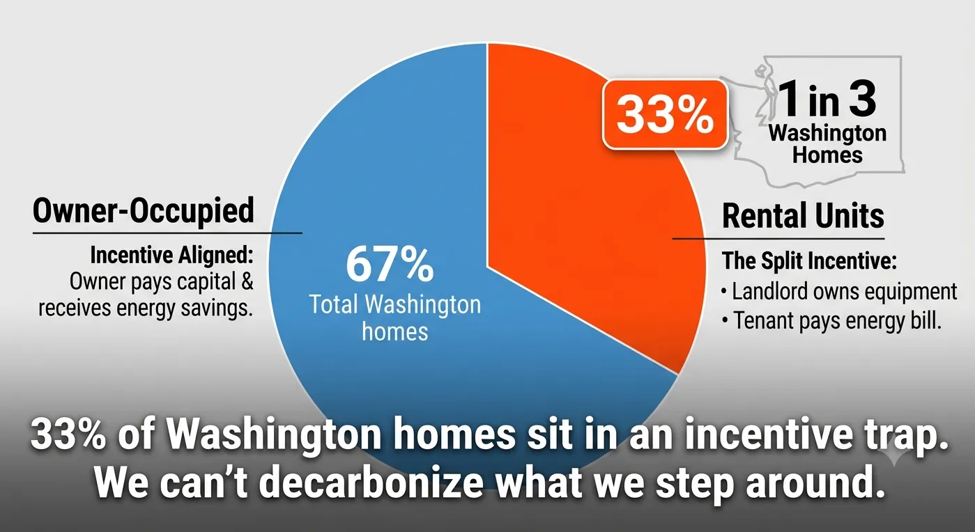 Pie chart showing 33% of Washington homes are rentals, where the landlord owns the equipment and the tenant pays the energy bill