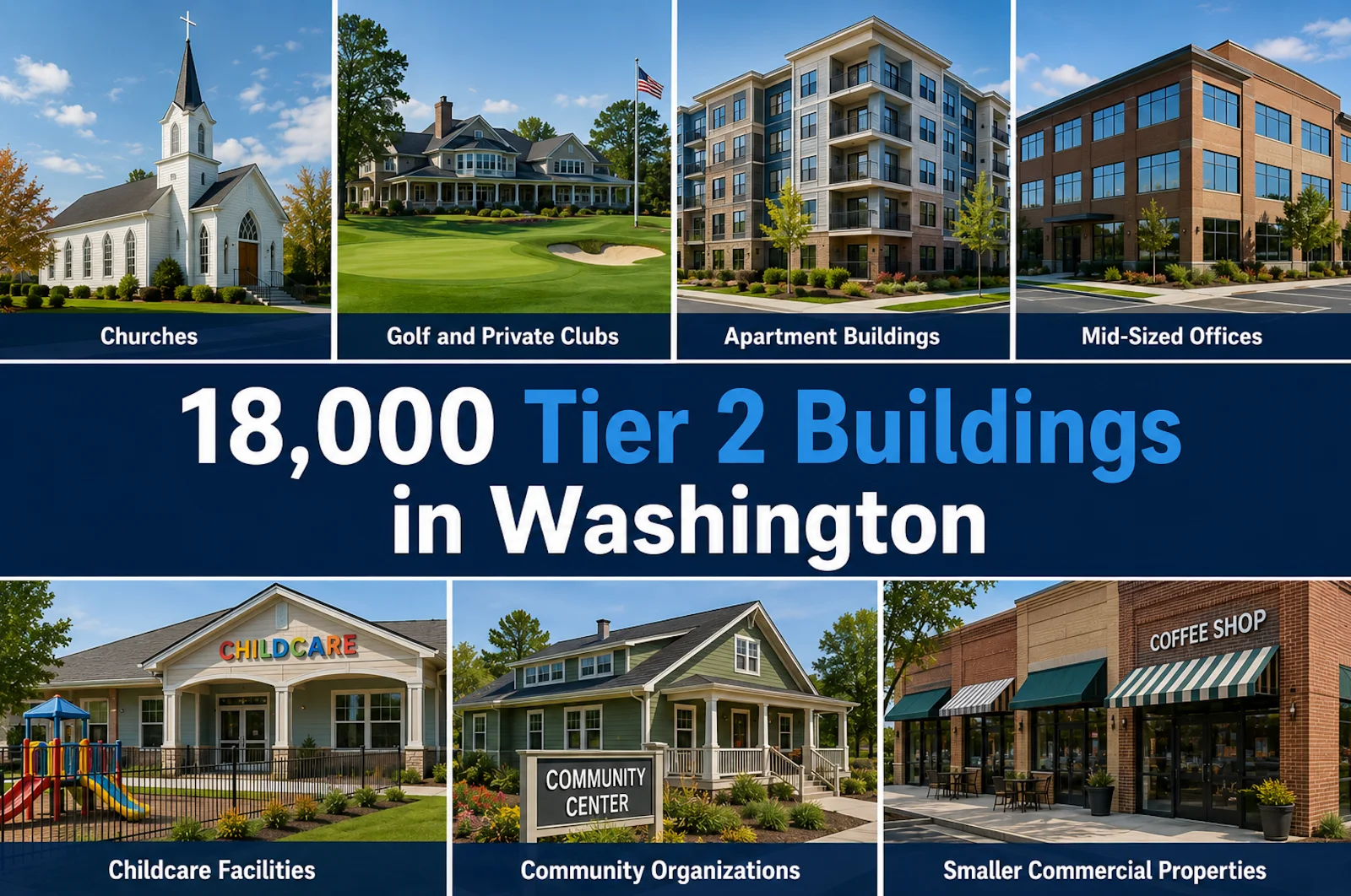 Collage of Tier 2 building types in Washington: a church, a golf club, an apartment building, a mid-sized office, a childcare facility, a community center and a small commercial property, under the headline 18,000 Tier 2 buildings in Washington.