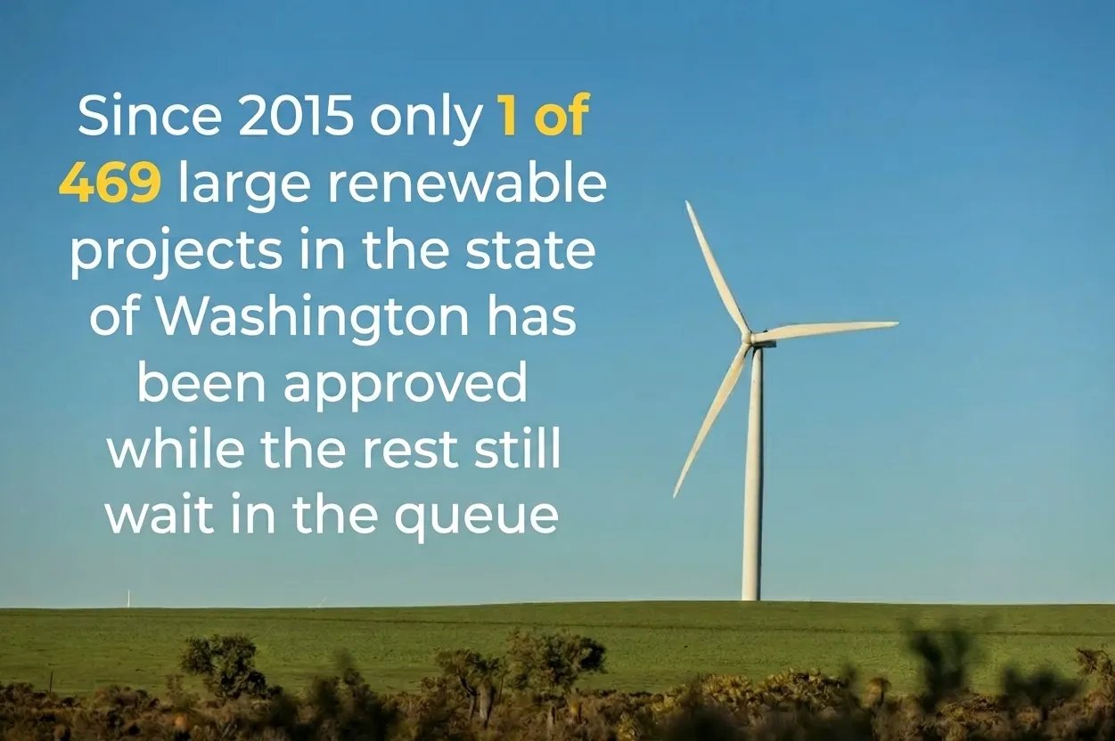 A single wind turbine on open grassland: since 2015 only 1 of 469 large renewable projects in Washington has been approved